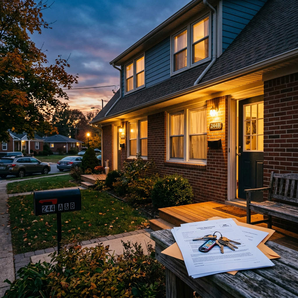 Lease agreements with keys on a bench outside a suburban home at dusk