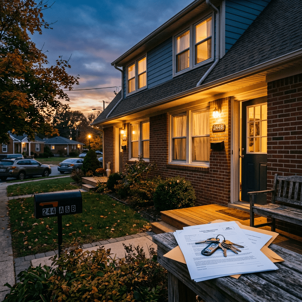 Lease agreements with keys on a bench outside a suburban home at dusk