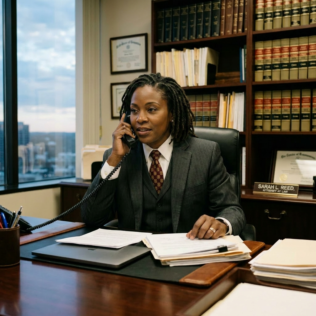 Attorney in suit talking on phone at desk with legal documents