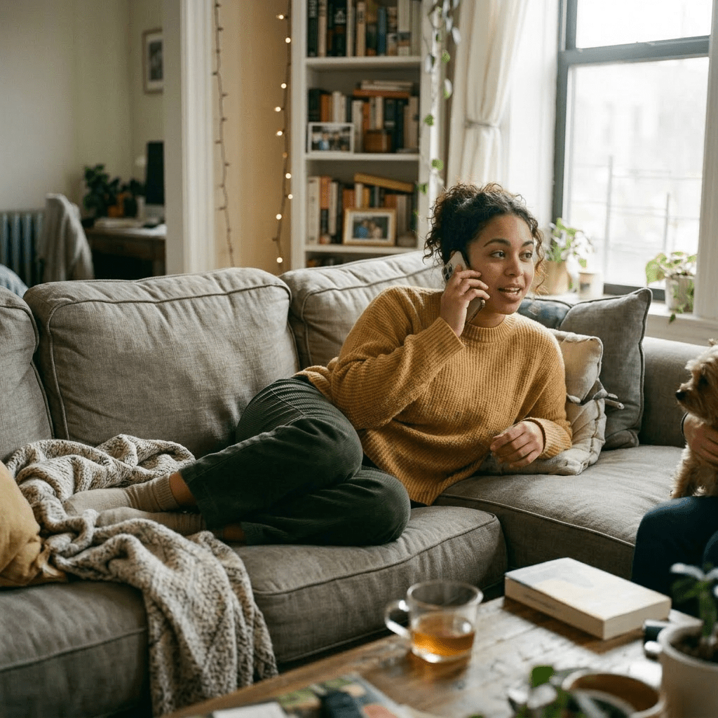 Young woman reclining on couch talking and gesturing with hand